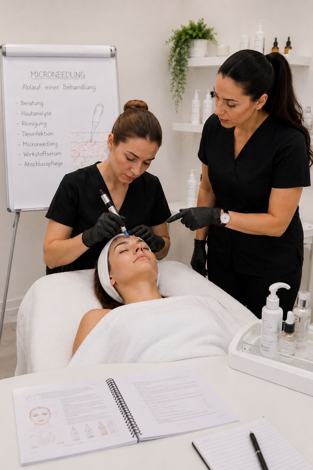 Praktische Microneedling-Übung am Modell während der Schulung.