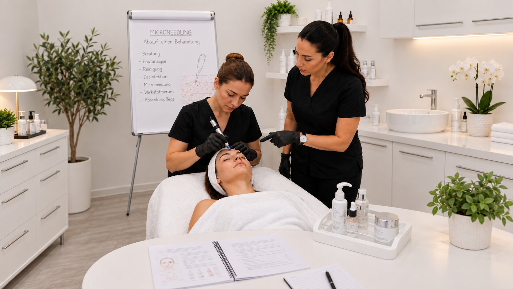 Trainerin begleitet eine Teilnehmerin bei der praktischen Microneedling-Behandlung an einem Modell im Schulungsraum von Unique Beauty.